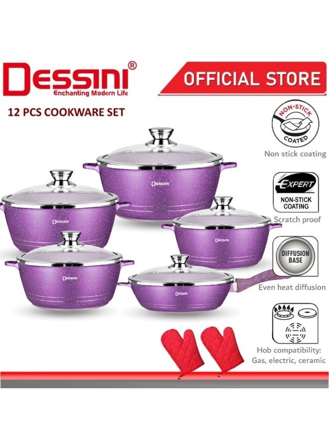 DESSINI ITALY Granite Aluminium Non Stick Casserole Pot Bowl Deep Fry Pan Cookware Tool (12 Pcs) ( Dark Purple ) - Image 1
